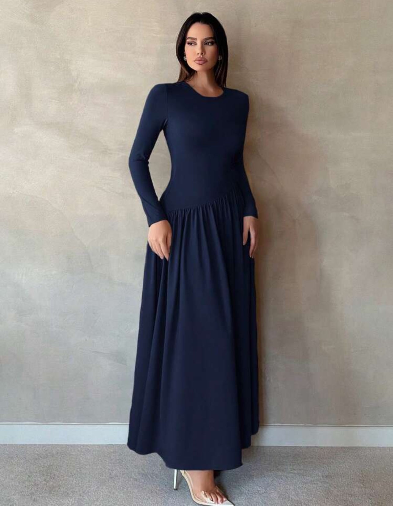 Bobble Flounce Hem Long Sleeve Dress